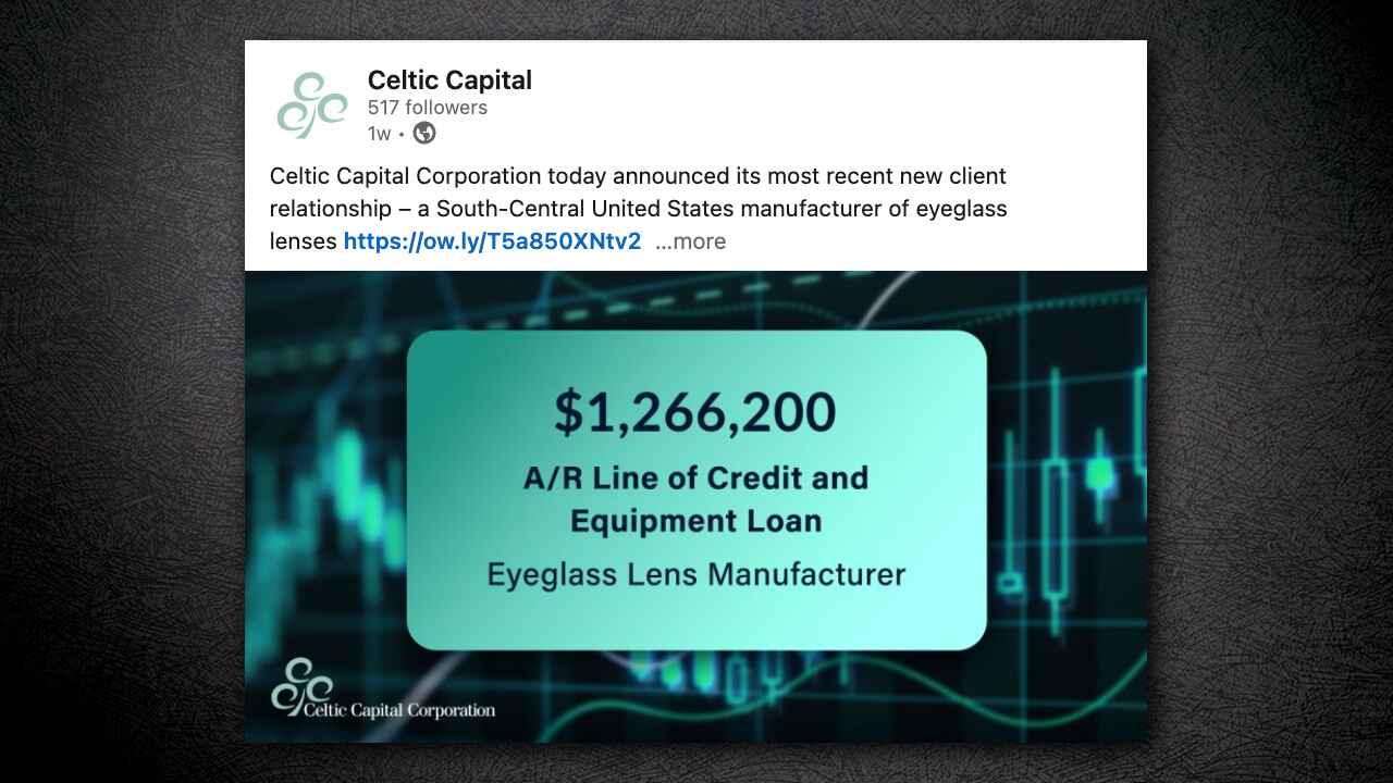 LinkedIn Post for Celtic Capital Corporation Tombstone